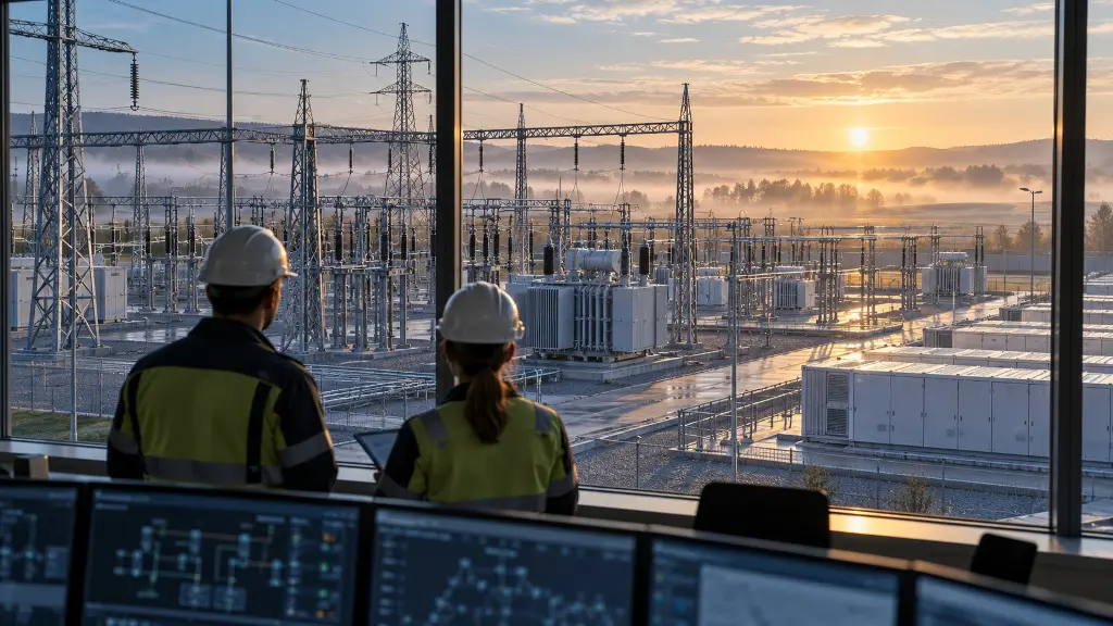 Poste électrique européen à l'aube, transformateurs, lignes haute tension et conteneurs de batteries surveillés par deux ingénieurs.