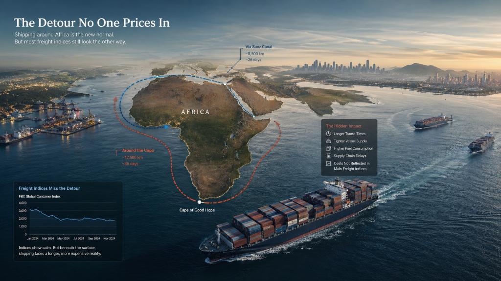 Routes maritimes mondiales avec porte-conteneurs contournant l’Afrique illustrant un choc logistique invisible dans les indices.