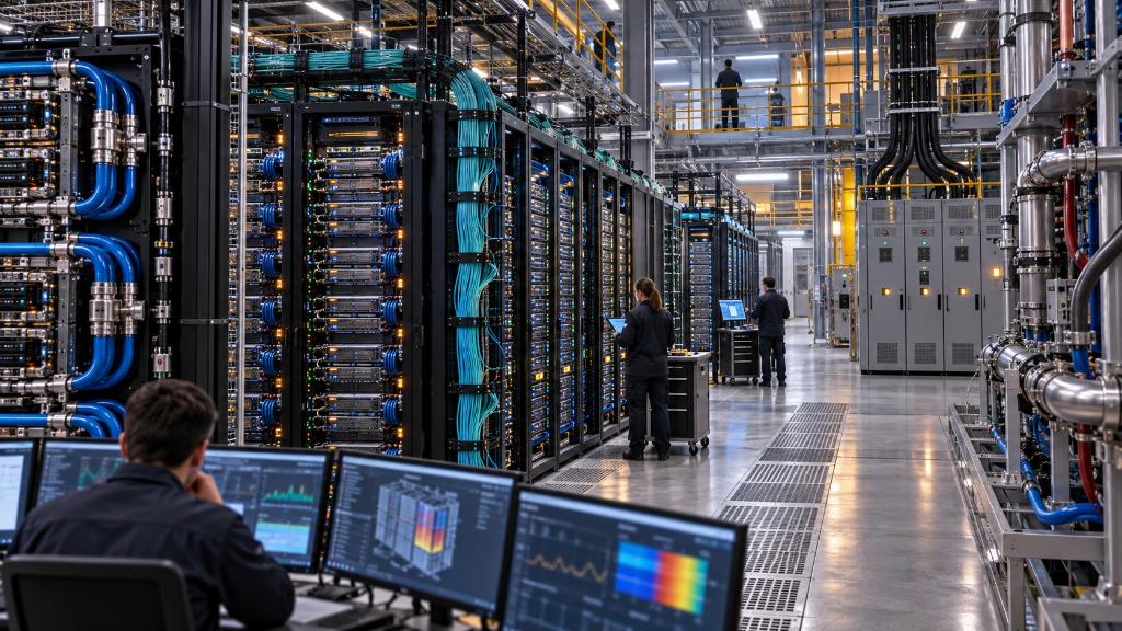 Large AI cluster with accelerator racks, optical interconnects, liquid cooling, electrical distribution and engineers supervising the infrastructure.