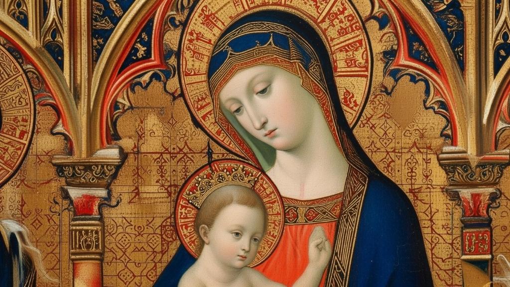 Restored figurative painting from the Moulins Triptych showing the Virgin with elegant figures in a Gothic architectural frame, vibrant colors and fine details.