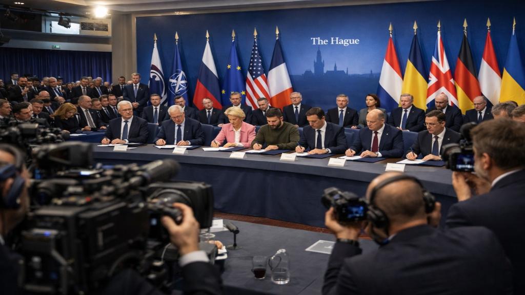 Sommet à La Haye : dirigeants européens et Zelenskyy signant la convention de la Commission internationale des réclamations pour l’Ukraine
