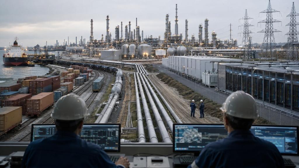 Raffinerie américaine moderne reliée à un terminal de fret, un centre de données et un réseau électrique, illustrant les effets croisés du pétrole, de l’investissement et de la productivité.