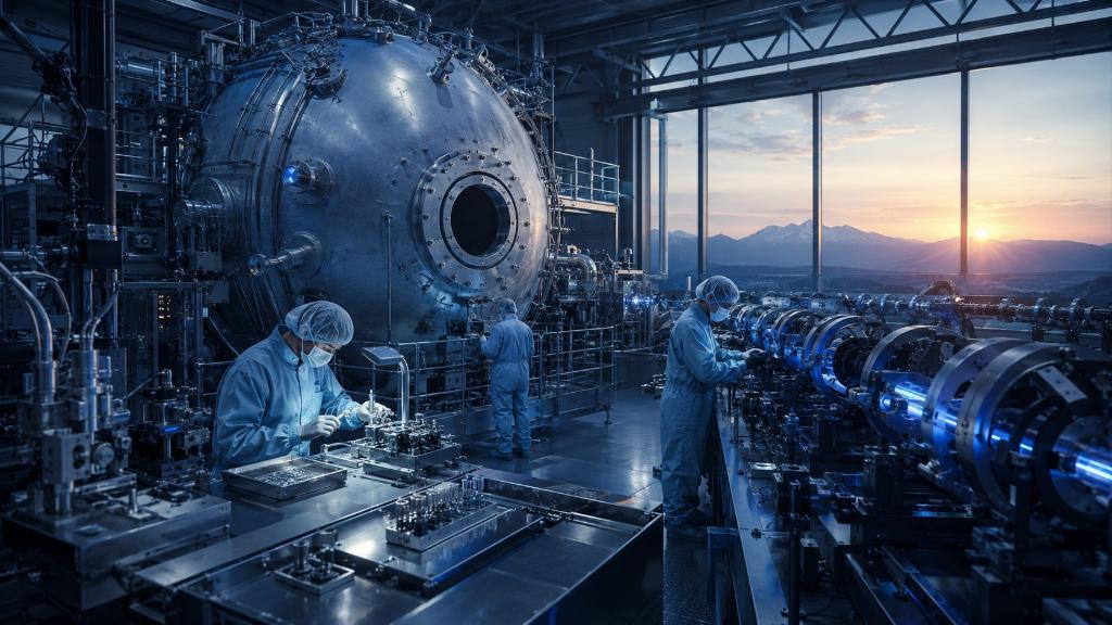 Laboratoire de fusion laser avec chambre de réaction, systèmes optiques de précision et techniciens préparant de petites capsules de combustible cryogénique.