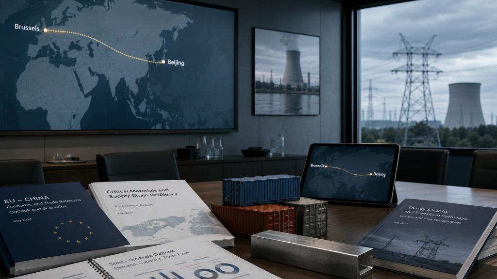 Salle industrielle européenne calme avec carte Europe Chine, dossiers commerciaux, lignes électriques, acier et réacteur nucléaire stylisé en arrière-plan.
