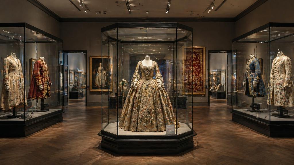 Galerie élégante présentant des costumes de scène anciens sous une lumière douce mettant en valeur textures et broderies