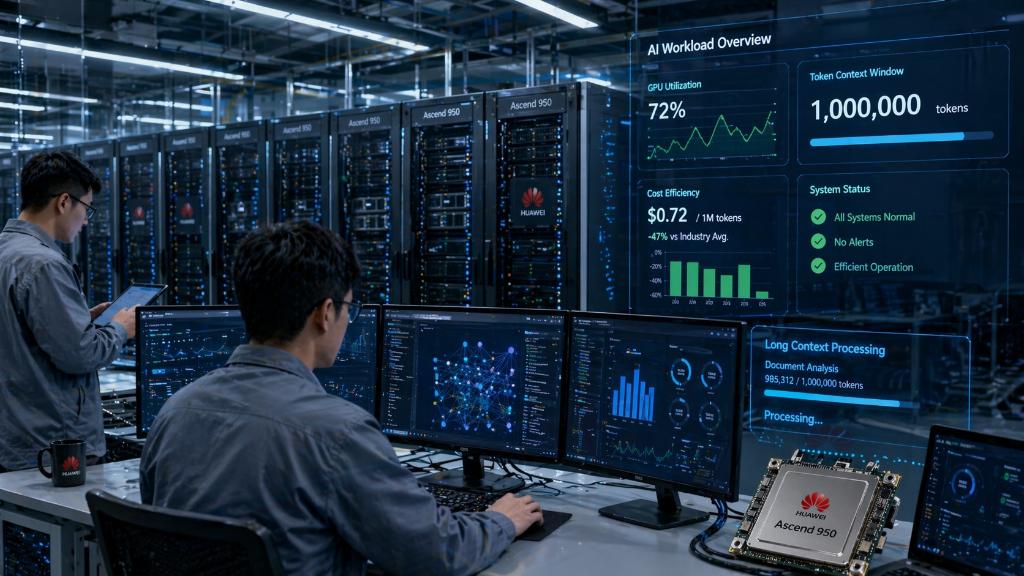 AI data center with Huawei chips and engineers monitoring DeepSeek V4