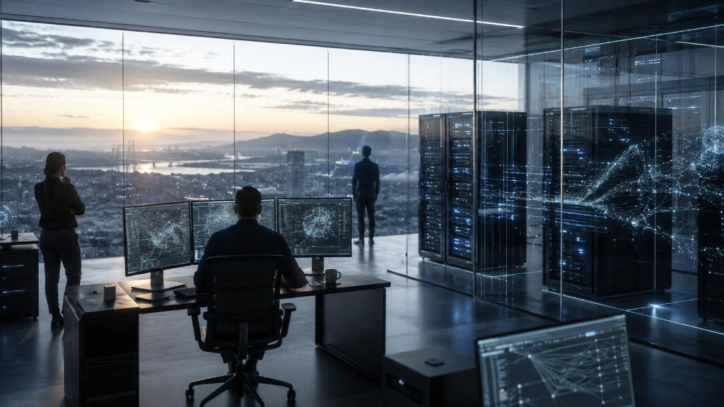 Centre de cybersécurité où des ingénieurs supervisent des agents IA, des serveurs isolés et des flux réseau externes dans une atmosphère calme.