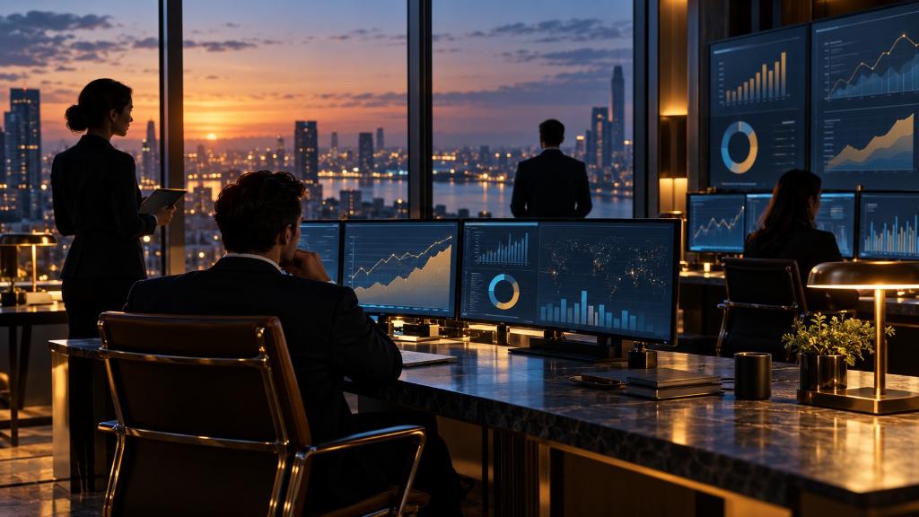 Analystes financiers suivant des portefeuilles de crédit privé, des demandes de rachat et des indicateurs de liquidité dans une salle sobre au crépuscule.