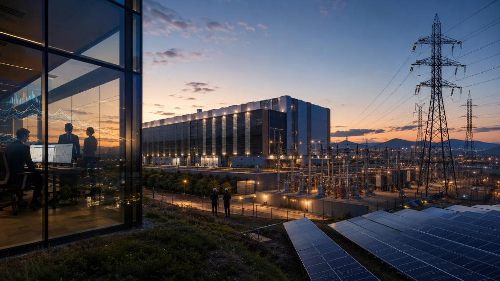 Data center moderne au crépuscule, poste électrique et reflets de courbes obligataires illustrant le financement massif de l’IA.