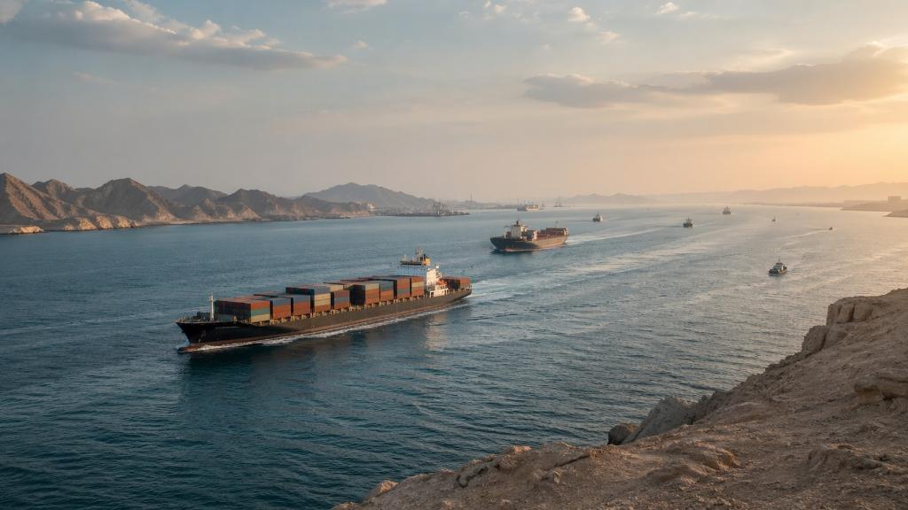 Vue stratégique du détroit d'Ormuz avec trafic maritime et atmosphère géopolitique